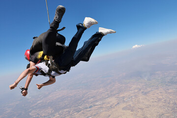 Tandem skydiving. A fun jump is in the summer sky.