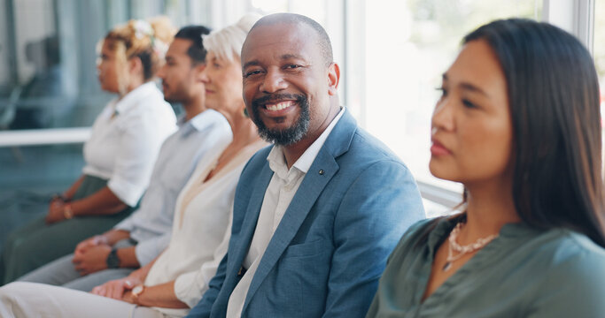 Hiring, Diversity Recruitment And Businessman In Waiting Room Ready For Job Interview With Human Resources. Business People Job Search, Company Hr Choice And Portrait Of African Candidate In Line