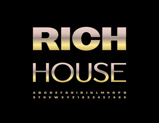 Fototapeta na wymiar Vector stylish logo Rich House. Elegan Golden Font. Luxury Alphabet Letters and Numbers set