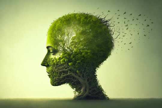 Human Head With With Green Leaves Inside. Mental Health, Psychology, Memory, Logic, Green Thinking, Ecology Idea. Generative AI