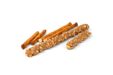 Cracker pretzel sticks toffee-cream glazing and peanuts isolated on white background.