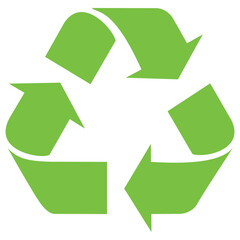 Green and white vector graphic of a recycling sign. It consists of three green arrow with a 3 dimensional effect rotating along a triangle on a white background