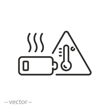 battery overheating icon, attention high accumulator temperature, thin line symbol on white background - editable stroke vector illustration eps10