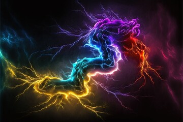  a computer generated image of a colorful swirl of lightening in the center of the image is a black background and has a black border with red, yellow, blue, green, and orange, pink.  generative ai