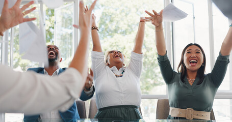 Business people, throw paperwork and celebrate achievement or corporate success. Teamwork, goals celebration and documents in air for happy, excited employees and smile together or applause in office