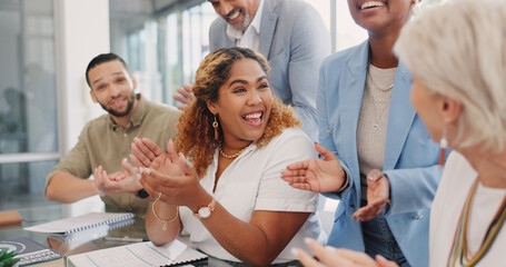 Business people, applause or success in diversity meeting for marketing teamwork, advertising goals or branding target. Smile, happy or clapping for creative designer, men or women in office growth