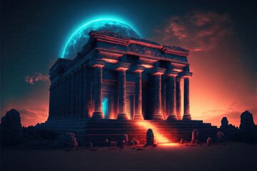 Obraz premium Majestic stone temple of ancient Babylon with a fantastic landscape. AI