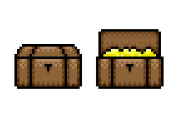 Pixel treasure chest icon. Chest with gold. Color silhouette. Front view. Editable pixels. Vector simple flat graphic illustration. Isolated object on a white background. Isolate.
