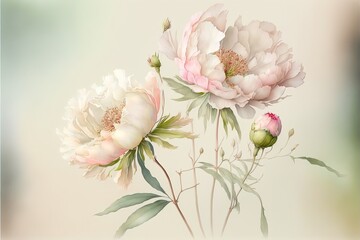 Luxurious light peony flowers in watercolor painting style. Botanical background or wallpaper design. AI - obrazy, fototapety, plakaty