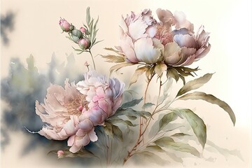 Luxurious light peony flowers in watercolor painting style. Botanical background or wallpaper design. AI