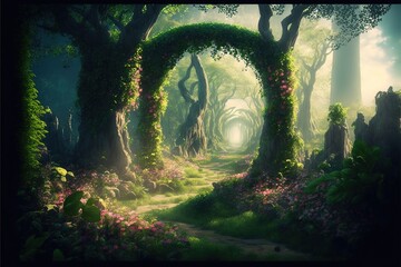 Unreal fantasy landscape with trees and flowers. Garden of Eden, exotic fairytale fantasy forest, Green oasis. Sunlight, shadows, creepers and an arch. AI - obrazy, fototapety, plakaty