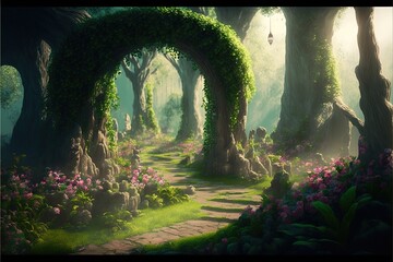 Unreal fantasy landscape with trees and flowers. Garden of Eden, exotic fairytale fantasy forest, Green oasis. Sunlight, shadows, creepers and an arch. AI - obrazy, fototapety, plakaty