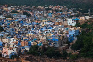 Fototapeta na wymiar Beautiful top view of Jodhpur city from Mehrangarh fort, Rajasthan, India. Jodhpur is called Blue city since Hindu Brahmis there worship Lord Shiva, whose colour is blue, they painted houses in blue.