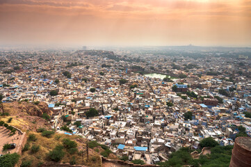 Beautiful top view of Jodhpur city from Mehrangarh fort, Rajasthan, India. Jodhpur is called Blue...