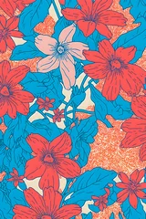 Fotobehang Risograph flowers pattern, trendy retro 80s and 90s style illustration © PixelPusher