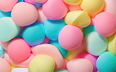 Fototapeta na wymiar Multi colored sweet marshmallows, abstract art, fantasy pastel colours background. Generative Ai