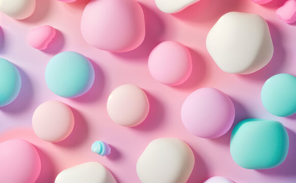 Multi colored sweet marshmallows, abstract art, fantasy pastel colours background. Generative Ai