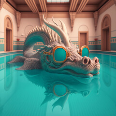 Dragon at pool wearing diving glasses. Chinese Horoscope. Chinese New Year 2023