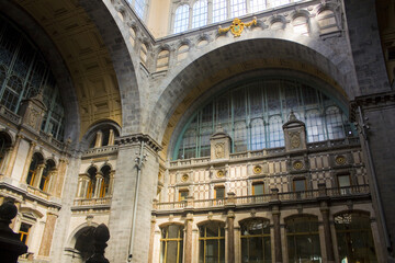  Interior with old clock in the Main Railway Station in Antwerp, Belgium