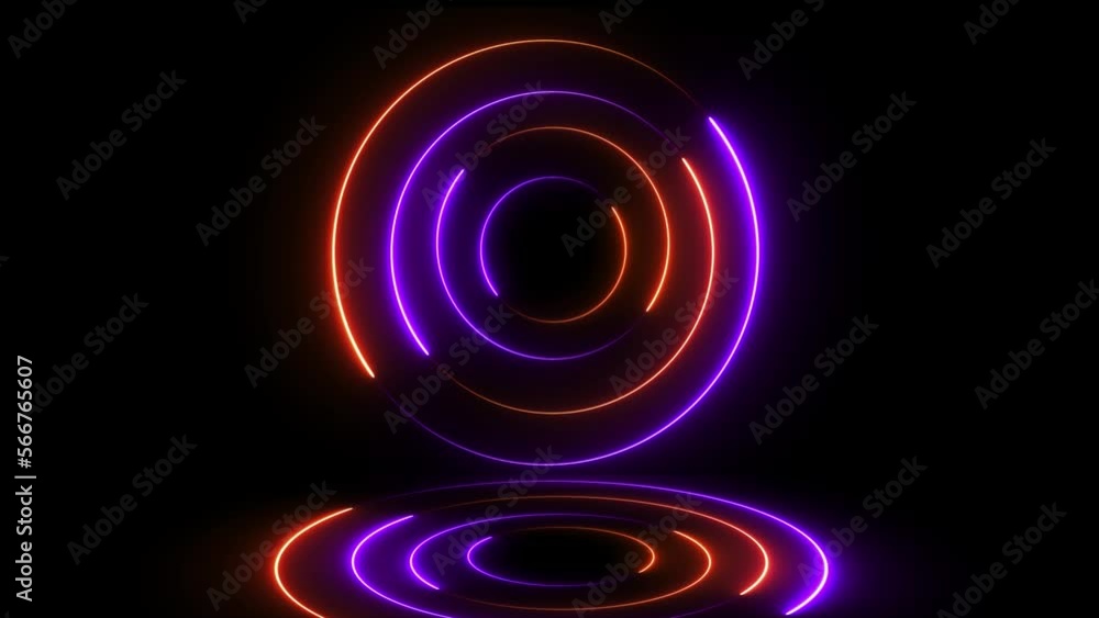 Poster neon circle motion on reflection floor effects background. neon circle abstract glowing line moving 