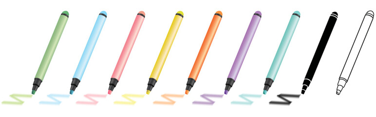 set of 9 highlighter marker sharpie pens for highlighting text in pink, yellow, green, blue, orange, purple, teal,  including black silhouette glyph and outline icon isolated on white background