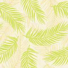 Fototapeta na wymiar Seamless jungle palm leaves vector pattern. Botanical design over waves texture