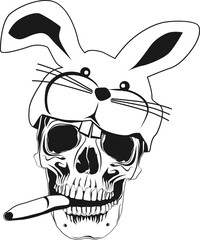 Skull wearing bunny ears and smoking a cigar. 