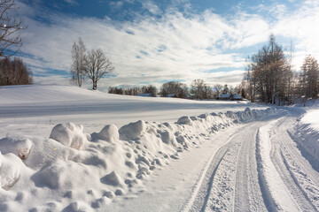 sunny, snowy winter day in the countryside
