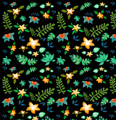 Pattern of watercolor bright hawaii contrast flowers in the dark background of illustration