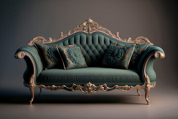 Luxurious dark green lounging couch in baroque style. AI generated illustration. - obrazy, fototapety, plakaty