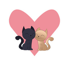 Vector flat illustration of two cartoon cats in love sitting next to each other on the background of a big pink heart