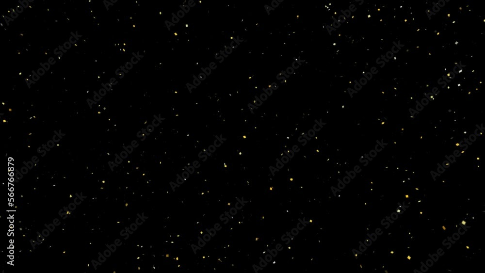 Poster golden confetti particles falling down loop animation on clean black background.