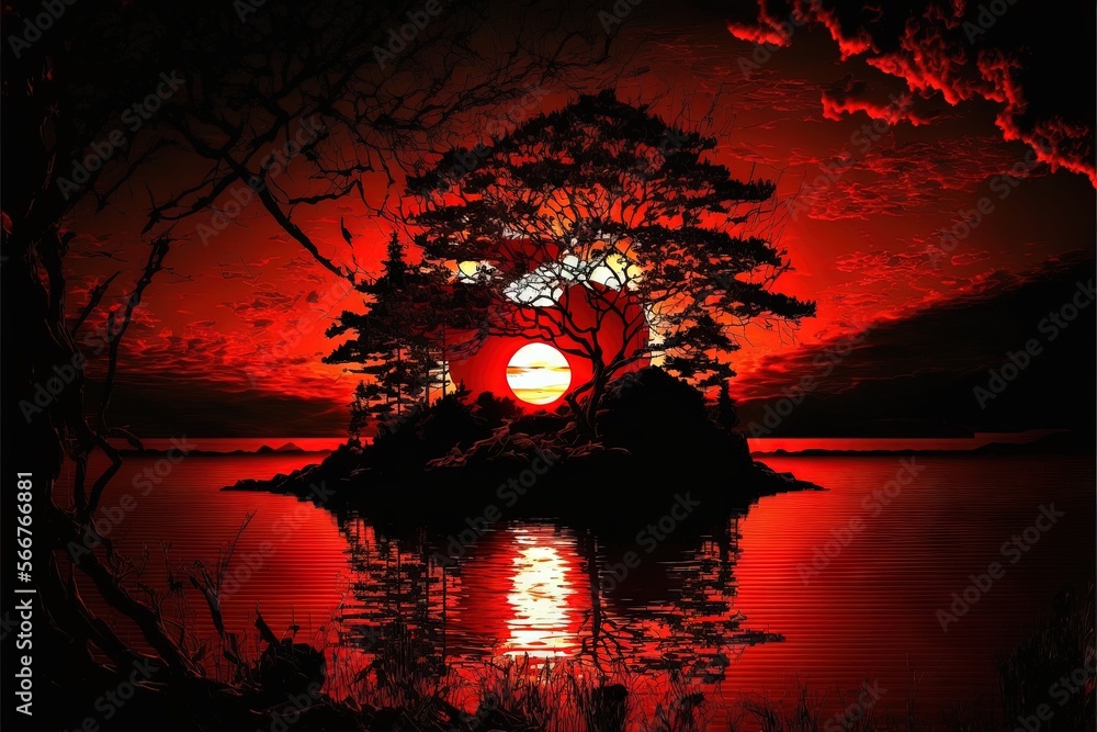 Poster a red sunset over a body of water with a tree in the foreground and a red sky in the background with