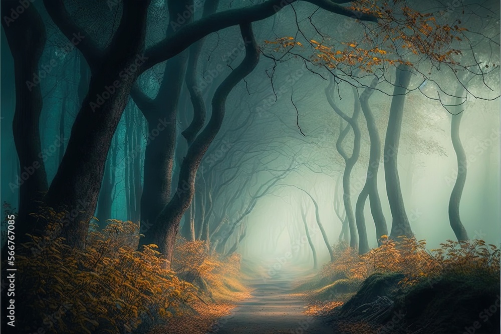 Poster a painting of a path in a dark forest with yellow leaves on the ground and trees on the sides of the