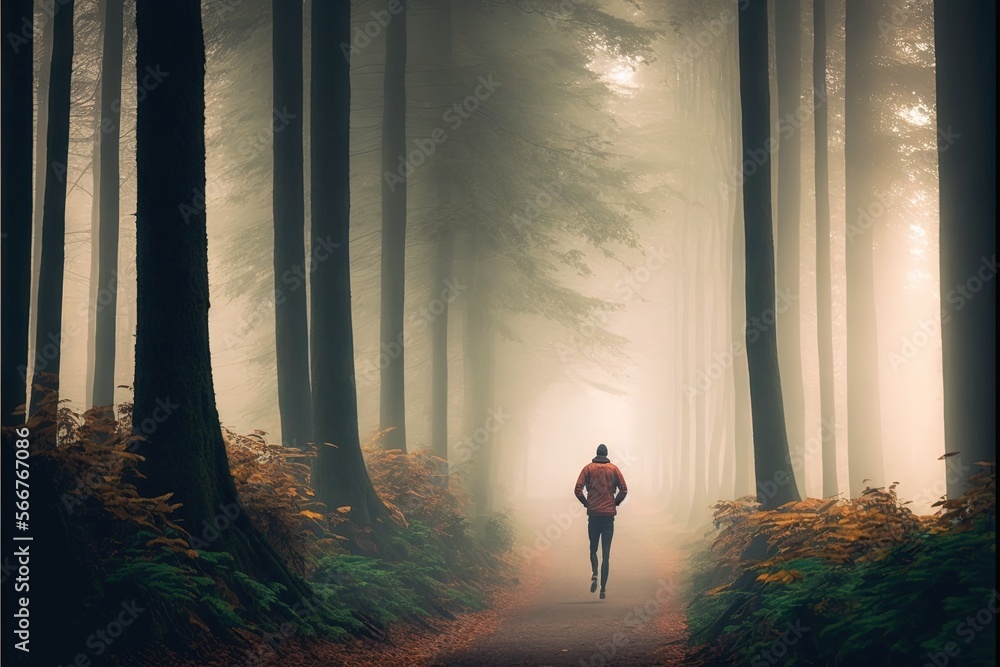 Poster a person walking down a path in a forest on a foggy day with trees and bushes on either side of the 