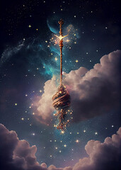Beautiful magic wand with sparkle on dark background, AI Generated