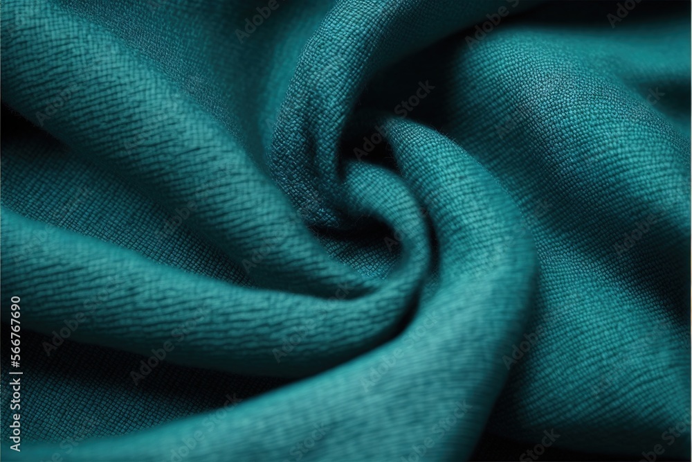 Poster a close up view of a teal colored fabric with a very thin pattern on it's edges and a very soft feel