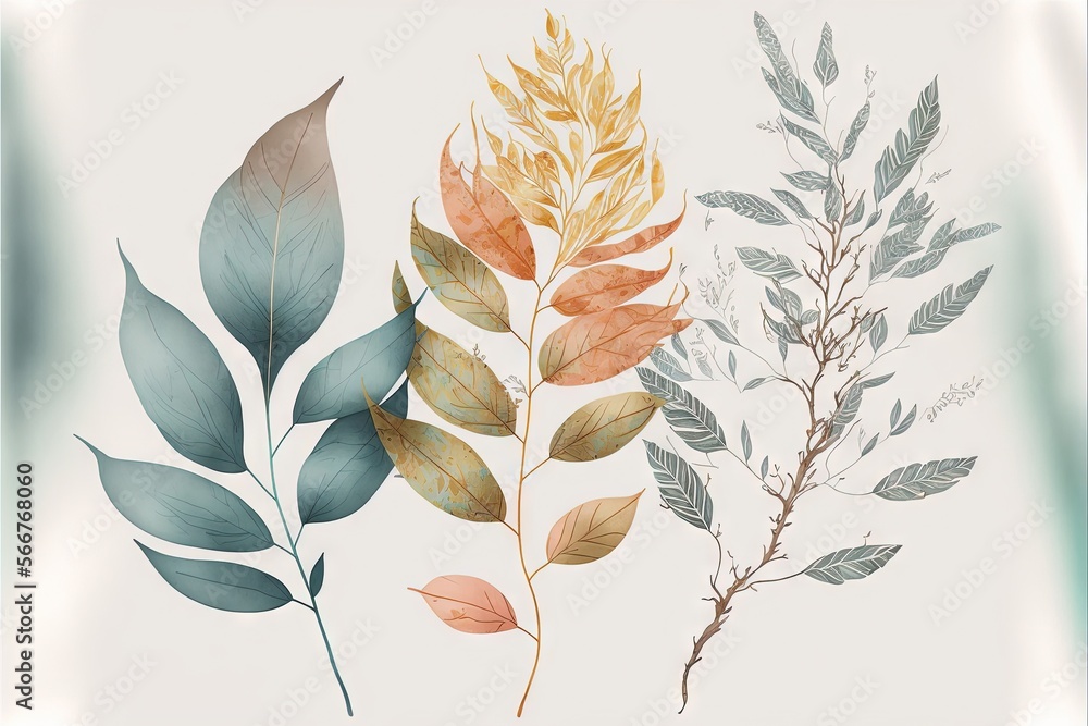 Poster  three different colored leaves on a white background with a blue border around the edges of the image and a green border around the edges of the image.  generative ai