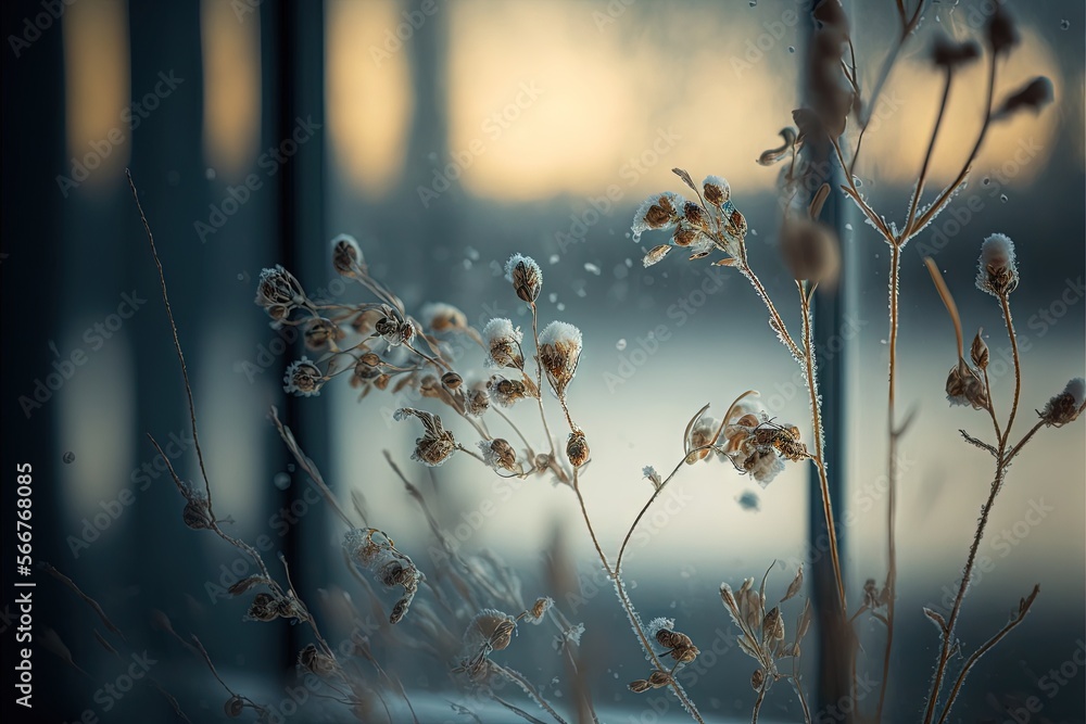 Poster  a close up of a plant with snow on the top of it and a window in the background with a blurry image of a building in the background.  generative ai