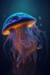 Glowing sea jellyfishes on dark background, neural network generated art