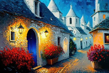paint like illustration of beautiful village, inspired from Alberobello, Italy, Generative Ai 