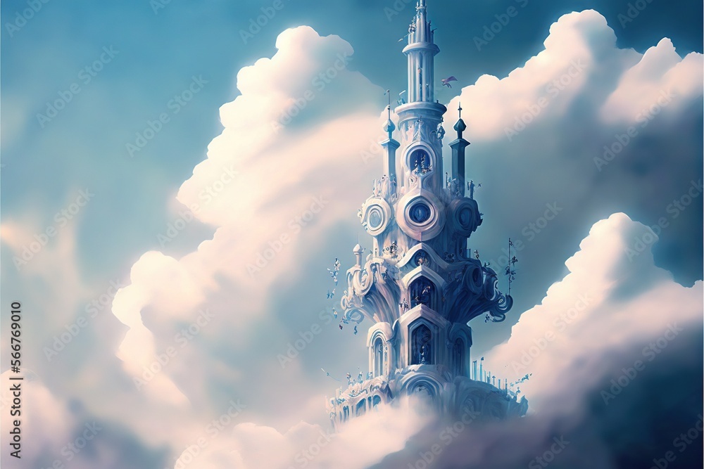 Poster a very tall tower with a clock on it's side surrounded by clouds in a blue sky with white clouds and