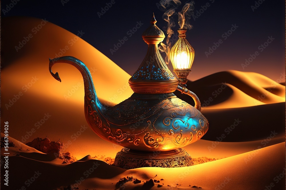 Aufkleber a teapot with a light on top of it in the desert with sand dunes in the background and a lit candle 