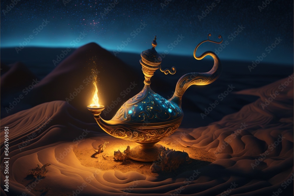 Aufkleber a tea pot with a candle in it on a desert surface with a mountain in the background and a sky filled
