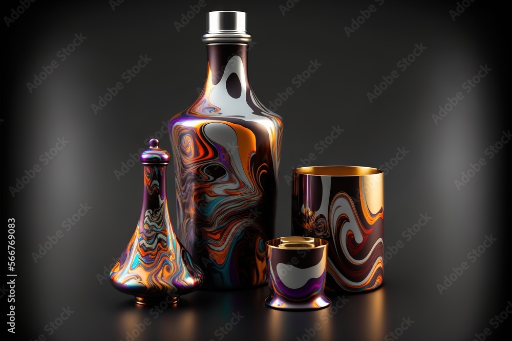 Poster a group of vases and cups sitting on a black surface with a black background and a black background 