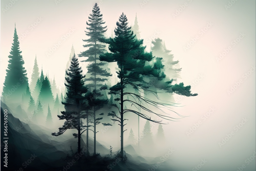Poster a painting of a forest with trees in the fog and fog on the side of a mountain with a few trees in t