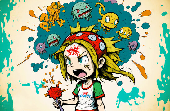 Illustration of an angry and furious teenage girl with many ideas, fears and anger in her head. Manga style girl screaming. Girl with monsters on her head. Bad mood, anger, hate. Generative AI.