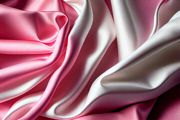 Fototapeta na wymiar Elegant Flow of Pink & White: The Artistic Silk Satin Fabric with its Dented and Smoothed Traces of Stripes and Texture Background