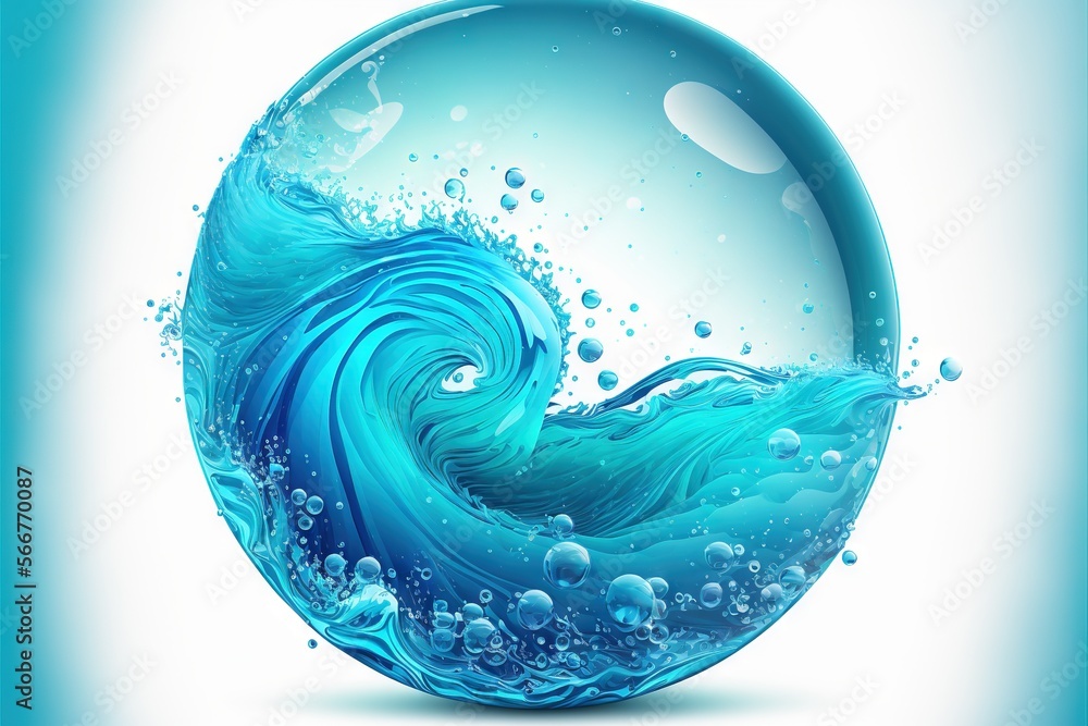 Wall mural  a blue wave in a glass ball with bubbles on a blue background with a white background and a blue background with a white background and blue background.  generative ai