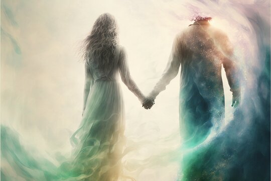  a couple holding hands in a surreal painting of a man and a woman holding hands with a flowing background of smoke and water, with the image of a man holding the woman's hand.  generative ai